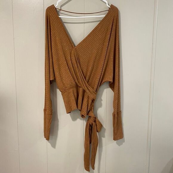 Free People We The Free Rust Ribbed Wrap Tie Top Size Small - Picture 2 of 4
